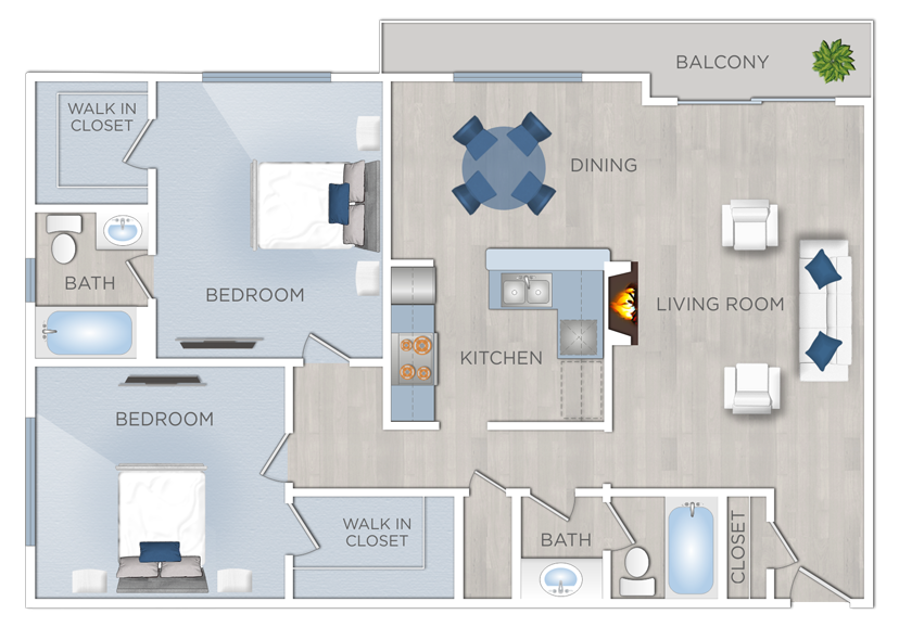 Floor plan for 2 beds, 2 baths, 1235 sqft